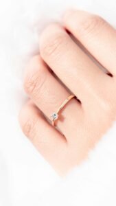Close-up of a delicate diamond ring on a person